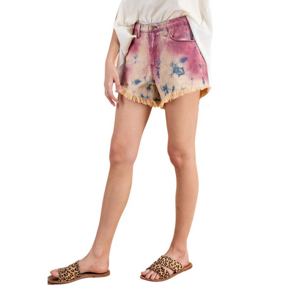 NWT-Women's Tie Dye Denim Fringe Shorts, Rose - Picture 6 of 6